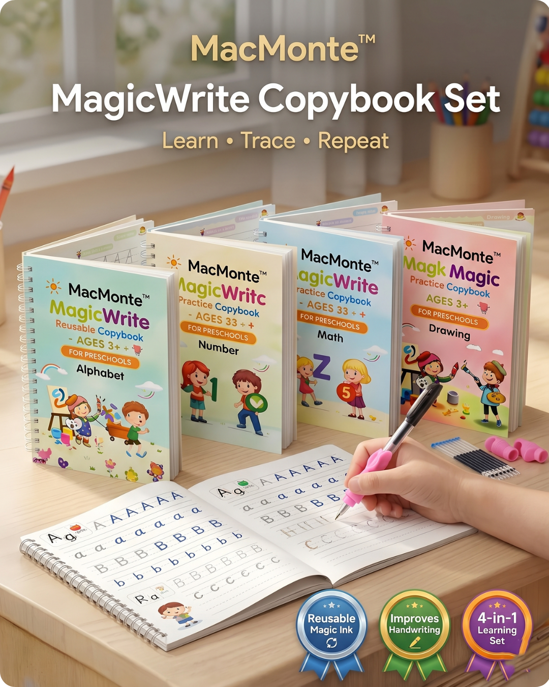 MacMonte™ MagicWrite Reusable Practice Copybook 4 Set
