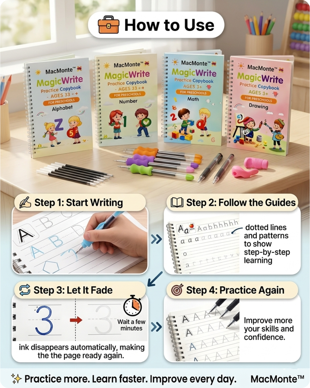 MacMonte™ MagicWrite Reusable Practice Copybook 4 Set